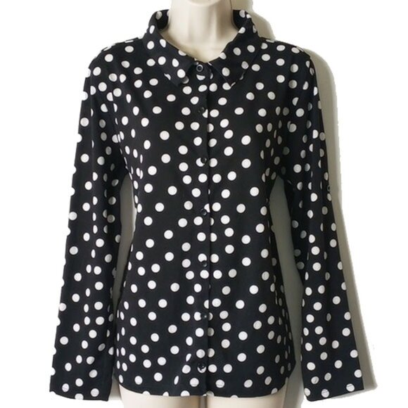Knit Button Down Shirt M Long Roll Up Sleeve Black Polka Dot - Picture 1 of 7